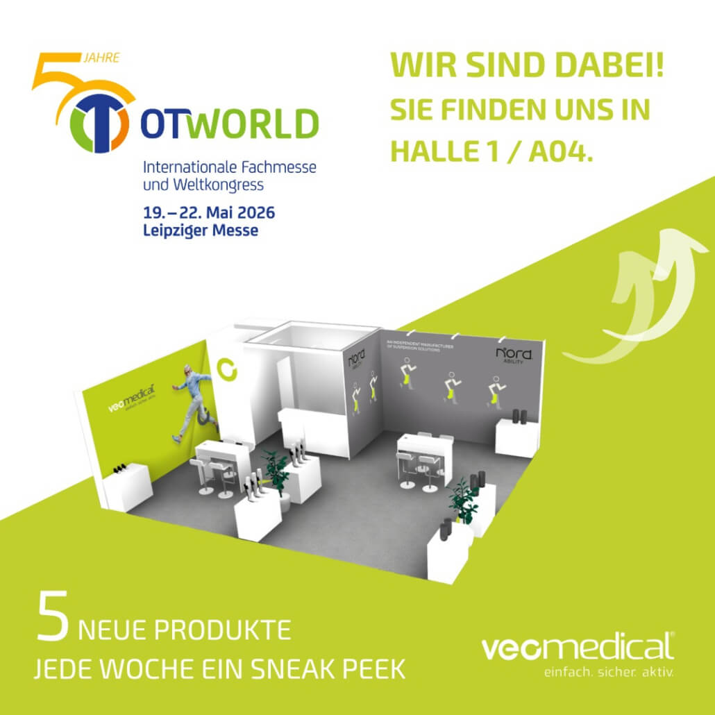Visualisierung Messestand veomedical auf der OTWorld 2026. Text: 5 neue Produkte. Halle 1 / A04